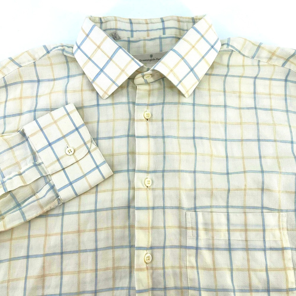 Ermenegildo Zegna Mens Button Down Shirt 17.5 44 Cream Blue Plaid Cotton Italian